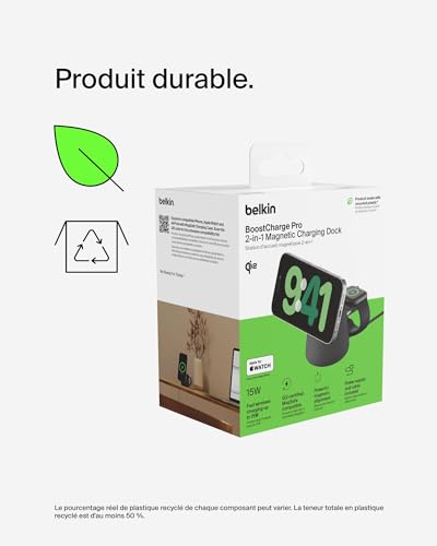 Belkin BoostCharge Pro Station de Recharge 2-en-1 avec Qi2, 15 W, Compatible MagSafe, pour iPhone 17, iPhone Air, Pixelsnap, Apple Watch, AirPods, Adaptateur Secteur Inclus - Noir