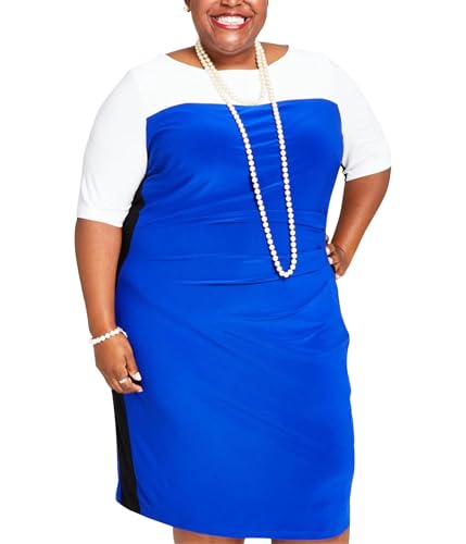 Kasper Women's Plus Size Chaplin Colorblocked Elbow-Sleeve Dress (Royal Blue/Black/White, 3X)