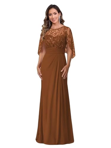 Image of Mother of The Bride Dresses - Long Chiffon Lace Appliques Cape Sleeve Ruched Waist Formal Evening Gown for Women