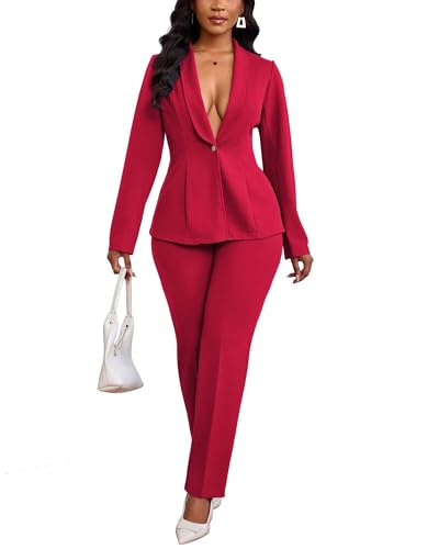 Kafiloe Pant Suits for Women Dressy Long Sleeve Blazer Sets 2 Piece Outfit Business Casual Work Set Red S