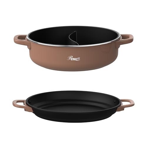 Rosewill 12.7 QT Electric Hot Pot Accessory Kit 2 pcs, Includes Dual-Sided Hot Pot and Shallow Fry Pan, with easy-to-carry Handle and Non-stick Coating - Mocha
