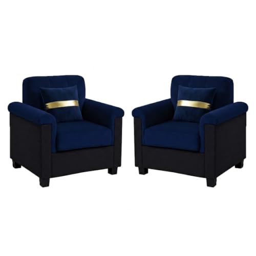 Image of FURNY Woodswave 5 Seater Sofa Set with Velvet Fabric, 3+1+1+2 Puffy Sofa Set for Living Room (Blue-Black) | Durable & Comfortable | Ideal for Living Room