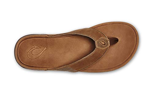 OLUKAI Tauhine Men's Beach Sandals, Quick Dry Flip-Flop Slides, Waterproof Full-Grain Leather & Wet Grip Soles, Soft Comfort Fit & Arch Support, Toffee/Toffee, 10