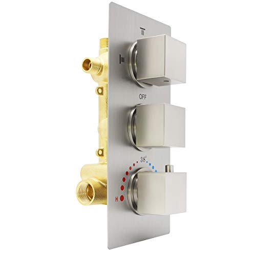 HOMEDEC Brass Concealed 3-Way Thermostatic Shower Valve Replacement with Integrated Diverter for Rain Shower, Hand Shower head and Body Spray (Square Knobs,Brushed Nickel)