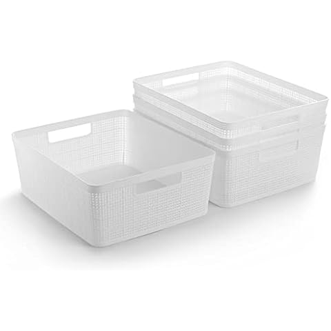 BINO | Woven Plastic Basket | Medium (White), 4-Pack | THE JUTE COLLECTION | Home Organization, Space - Saving Storage, Stylish Design | Jute Basket | Plastic Storage Basket Cover