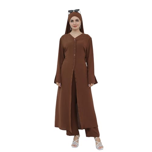 IDOPIP Muslim Women 2-Piece Set Long Sleeve Ramadan Islamic Abaya Dress Button Down Shirt + Wide Leg Pants Loose Dubai Prayer Outfit Full Coverage Modest Arabic Casual Clothes Coffee M/L