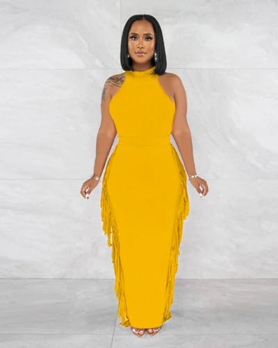 Image of 2 Piece Outfits for Women Sexy Halter Neck Sleeveless Crop Tops Ruched Bodycon Dresses Jumpsuits Fringe Skirt Sets