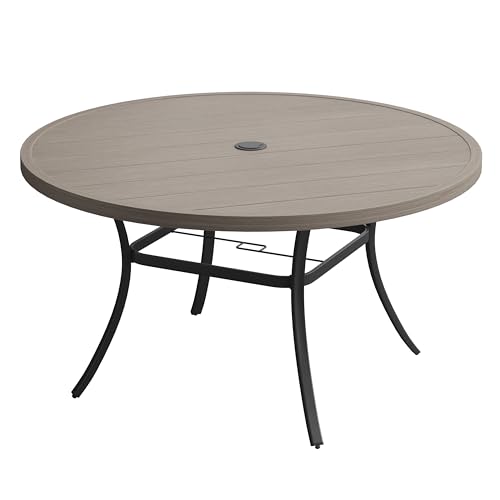 Image of VICLLAX 63 inch Outdoor Round Patio Table with Umbrella Hole, All Weather Metal Round Outdoor Dining Table for Lawn Garden, 8-10 Person Table, Grey Wood Grain
