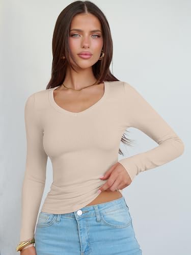 Image of ANRABESS Long Sleeve V Neck Shirts for Women | Soft Comfy Ribbed Knit Fitted Tshirts, Casual Going Out Tops, 2026 Trendy Basic, Fall Winter Underscrub Layering Clothes