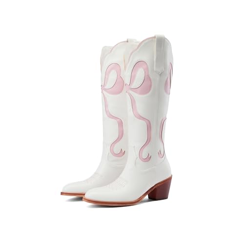 Image of Women's White Cowgirl Boots with Bow Knee High Cowboy Boots Almond Round Toe Chunky Heel Embroidered Western Cowboy Boots for Women