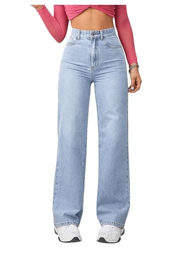 Floerns Women's Solid High Waist Jeans Zipper Fly Wide Leg Denim Pants Light Blue Small