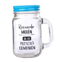 DISOK Lote de 18 Jarra Cristal con Caña Recuerdo Molón Color Azul - Jarras con Frases, Tazas Originales para Detalles, Recuerdos y Regalos de Comuniones (Azul)