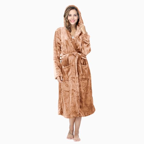 Image of RONGTAI Womens Robes Plush Fleece Hooded Bathrobe Thick Nightgown with Pockets Fluffy Sleepwear