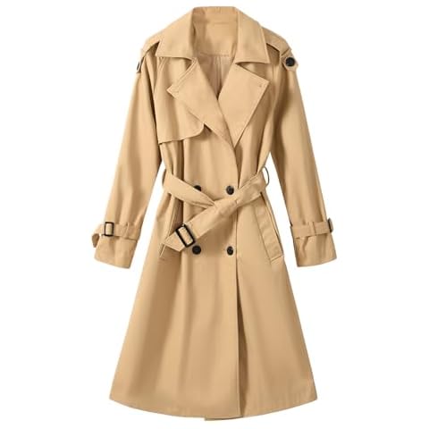 Uikue Trench Coat Women Double Breasted Windproof Classic Lapel Belted Long Outerwear Overcoat with Belt(Khaki,L) Cover