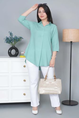 Image of Mlada Rayon Flare Top for Women | 3 /4th Sleeve Regular Fit and Flare Top | Women Office Tops Tunic | Western Long Shirt Top for Women | Shirt Collar Top for Women | Rayon Tunic Tops for Women Western