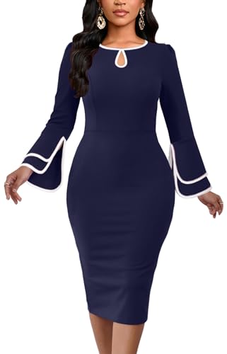 Womens Navy Blue Business Ruffle Bell Sleeves Dresses Elegant Bodycon