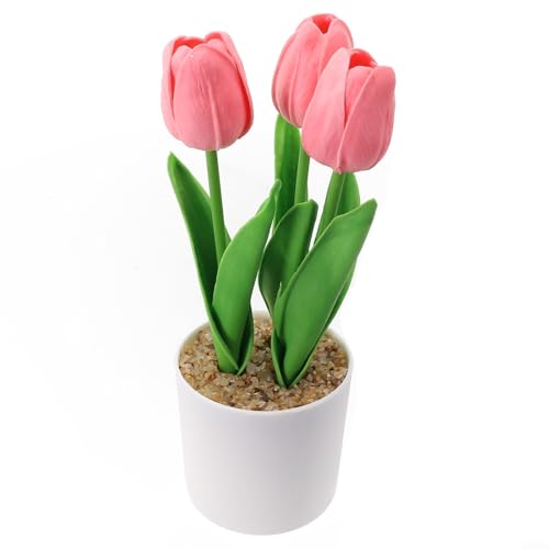 Glewi Tulipán artificial en maceta, flores falsas realistas en maceta para decoración del hogar, oficina, boda, fiesta, rosa, 25 cm (morado)