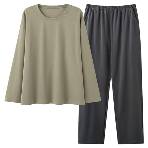 Cambkatl Men's Cotton Loose Crewneck Long Sleeve T-Shirt and Full-Length Bottom Long Pants Comfy Pajama Sets