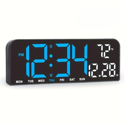 Image of 9 inch LED Digital Wall & Table Clock with Day, Date & Temperature, Dual Alarm, Countdown Timer, 4-Level Dimmable Brightness, 12 /24H Format, USB Powered Large Display for Home & Office (Blue)