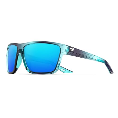 TOREGE Polarized Sports Sunglasses for Men & WomenUV400 Protection TR90 Frame Ideal for Fishing Cycling Running Driving (Bright Transparent Blue Frame&Ice Blue Lens C9)