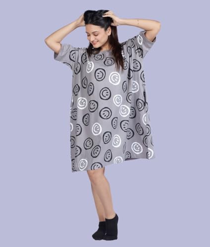 Image of LAMA STORE Women's Printed Oversized T-Shirt Dress, Cotton, 3 /4 Sleeve Length, Casual Loose Fit, Comfort Wear Extra Comfy Oversized Printed Pocket T-Shirt Dress
