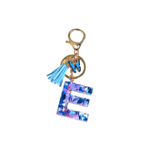 Porte-clés en résine avec cœur à paillettes et papillon de l'alphabet de A à Z pour femme - Accessoires de sac, E, taille unique Cover