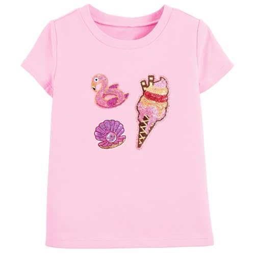 Image of Girls Pink T-Shirt, Ice Cream Flamingo Shell Reversible Sequin Short Sleeve Cotton Top, Casual Crew Neck Summer Tee for Toddler Girls Age 6