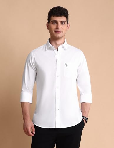 Image of U.S. Polo ASSN. Solid Tailored Fit Shirt for Men - 100% Cotton, Breathable & Comfortable, Full Sleeves Casual Shirt for Men