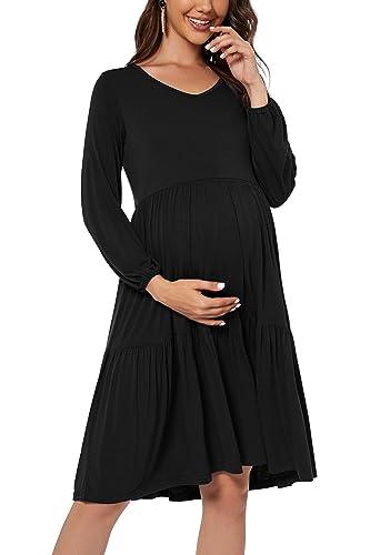 Smallshow Women'S Maternity Dress Ruffle Long Sleeve Pregnancy Clothes Medium,Black thumb #3