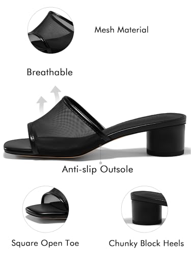 Coutgo Womens Slide Sandals Mesh Chunky Heels Mules Square Open Toe Slip On Summer Dress Shoes4