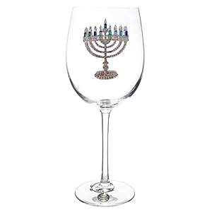 THE QUEENS JEWELS Hanukkah Menorah Jeweled Stemmed Wine Glass 21 oz Unique Gift for Women Birthday Cute Fun Not Painted Decorated Bling Bedazzled Rhinestone