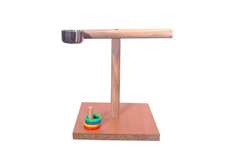 Image of Poonch Wooden Bird Training Tstand with Feeder Cup and Ring Game and Base for Budgies Cockatiel and Other Parrots