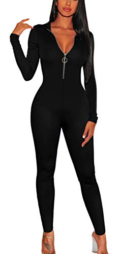 GOBLES Women's Sexy Long Sleeve Front Zipper Mock Neck Bodycon Jumpsuit Rompers Black