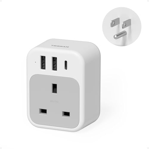 Image of TESSAN UK to US Plug Adapter, UK Adapters for Travel with AC Outlet 3 USB (1 USB C), Type G Power Adapter Ireland London Scotland Kenya Dubai Singapore to Type B USA Travel Adaptor
