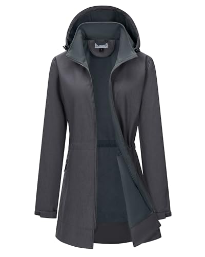33,000ft Women's Waterproof Softshell Long Rain Jacket with Hood Fleece Lined Windproof Windbreaker