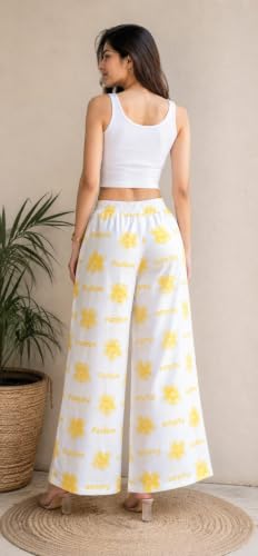 Image of Women's White Yellow Floral Print Wide Leg Palazzo Pants