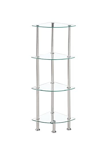 Modernique Glass Shelf Tier Storage Unit, Corner in Black or Clear Glass with Chrome Stand, Shelving Unit (Clear, Tier 4)