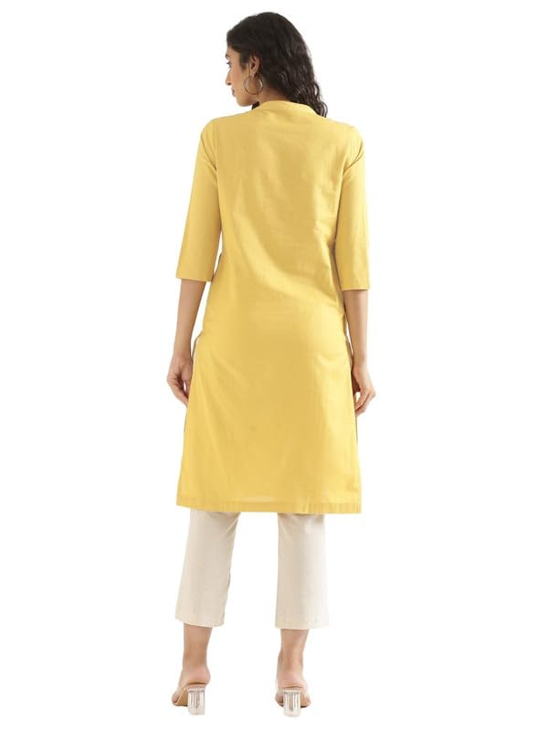 Image of SAADAA Women Airy Linen Long Kurta | Mandarin Collar 3 /4th Sleeve Kurta | Regular Fit Ethnic Wear for Women | Casual, Festive & Office Wear