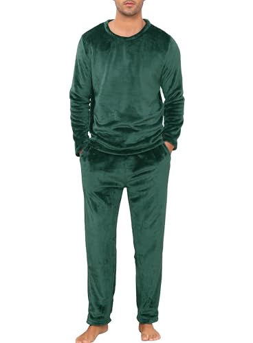 Lovasy Pijama Hombre Invierno Manga Larga Polar Pijamas para Hombre de Franela Cálido Largo,Verde Oscuro,XXL