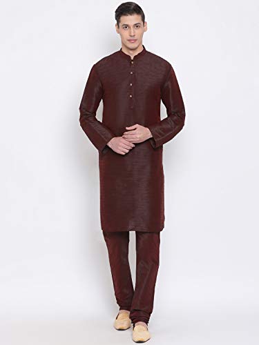 Image of VASTRAMAY VM Mens Silk Blend Kurta Pyjama Set - Classic Ethnic Attire for Timeless Style and Cultural Celebrations | Soft Comfortable Solid Full Sleeves Kurta and Churidar Pyjama Set
