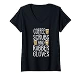 donna scrub medico paziente scrub caffè e guanti di gomma maglietta con collo a v