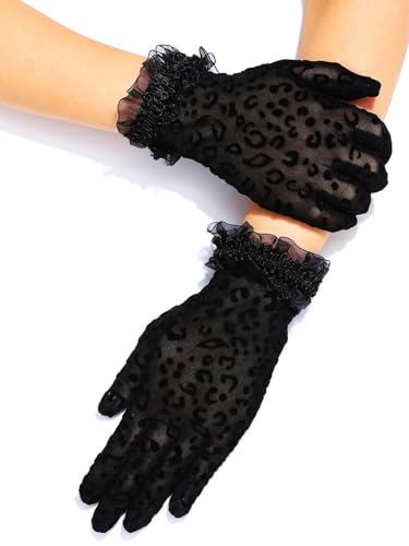 GEMILY Black Lace Leopard Print Gloves Short Evening Gloves for Women (Black one size)