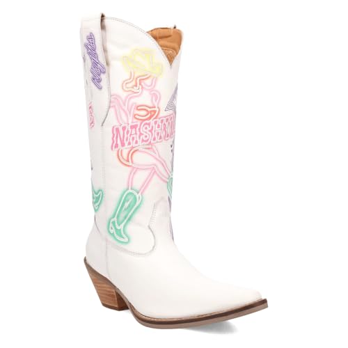 Dingo Womens Nashville Nights Embroidered Graphic Snip Toe Casual Boots Mid Calf Low Heel 1-2" - White2