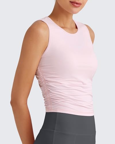 Image of G4Free Skimetic Workout Tank Tops for Women Side Ruched Sleeveless High Neck Crop Top Summer Athletic Gym Shirts