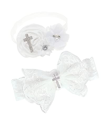 BBTDIN Baby Baptism Headband Bow Newborn Christening Hair Band Baby Baptism Lace Headwear BBG48 (C2-Cross Set)