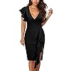 Knitee Women's Deep-V Neck Ruffle Sleeves Cocktail Party Pencil Slit Formal Dress (A-Black, Large)