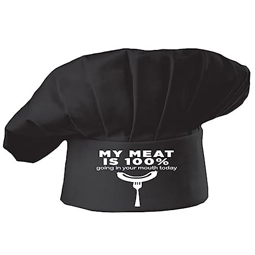 Hyzrz Funny Adjustable Chef Hat Baker Kitchen Grill BBQ Cooking Cap Gifts for Father Mother Day Men Women (My Meat is 100%, Black)