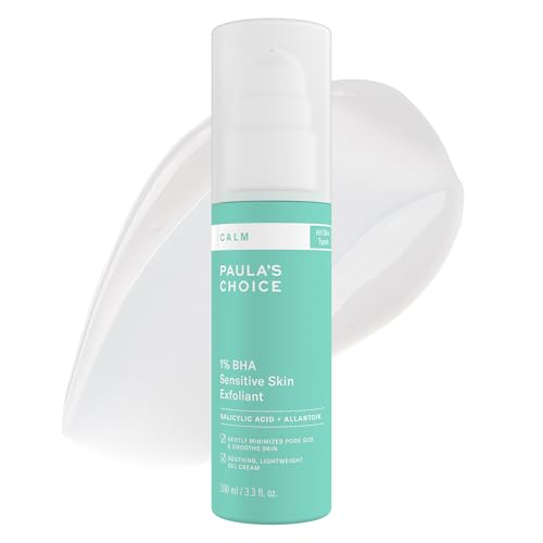 Paulaโs Choice CALM 1% Sensitive Skin BHA Liquid Exfoliant, Salicylic Acid Lotion for Large, Clogged Pores, Calms, Soothes Redness, Suitable for Rosacea-Prone, Eczema-Prone Skin, Fragrance-Free, 3.3oz