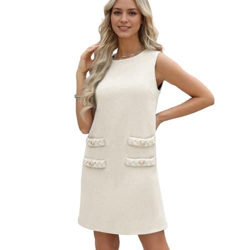 Ainangua Womens Tweed Jackie Dress Elegant Vintage Sleeveless A Line Business Mini Bodycon Skirt Holiday Dresses for Women Beige X-Small
