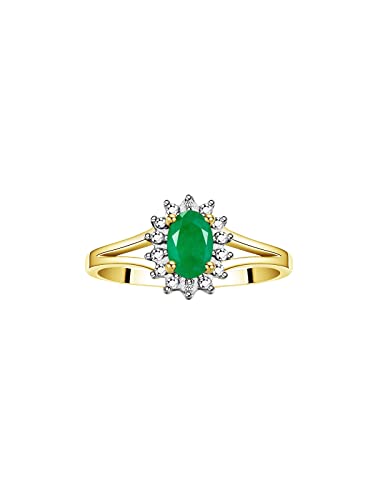 Image of Rylos Halo Ring: Diamond Birthstone with 6X4MM Oval Gemstone - Women's Jewelry in Yellow Gold Plated Silver - Stunning Diamond Ring Sizes 5-10
